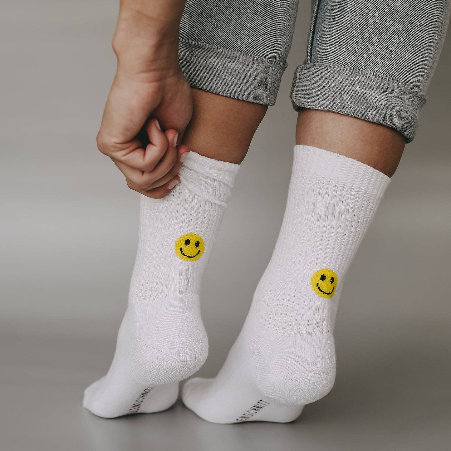 Socken weiß Smiley gelb L Eulenschnitt